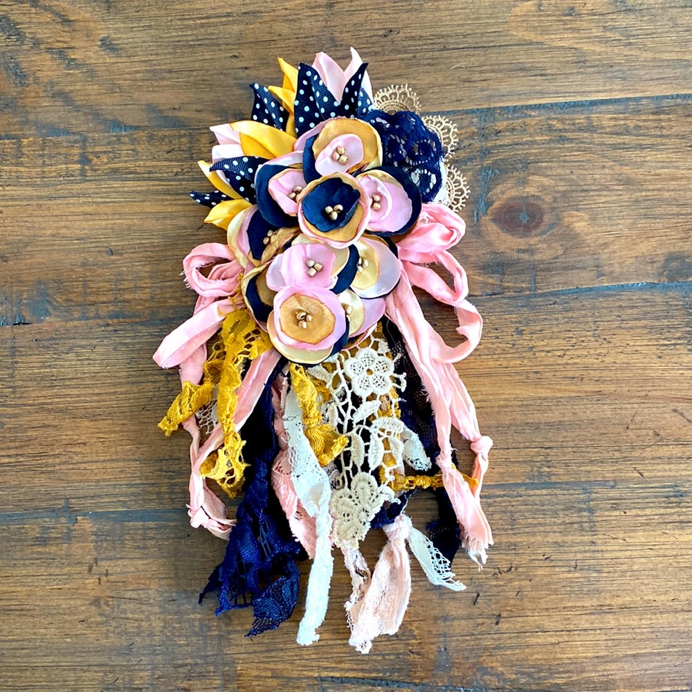 Pink Navy and Mustard Fabric Flower Pin Brooch